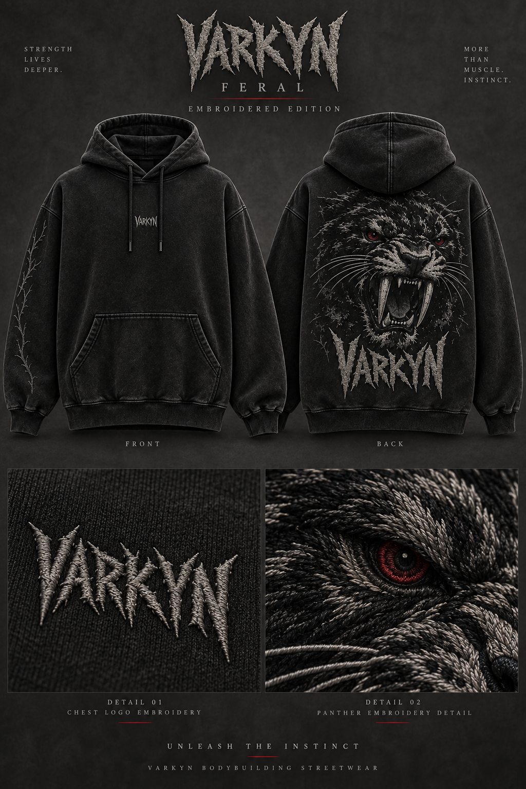 Embroidered FERAL hoodie front, back and stitching details