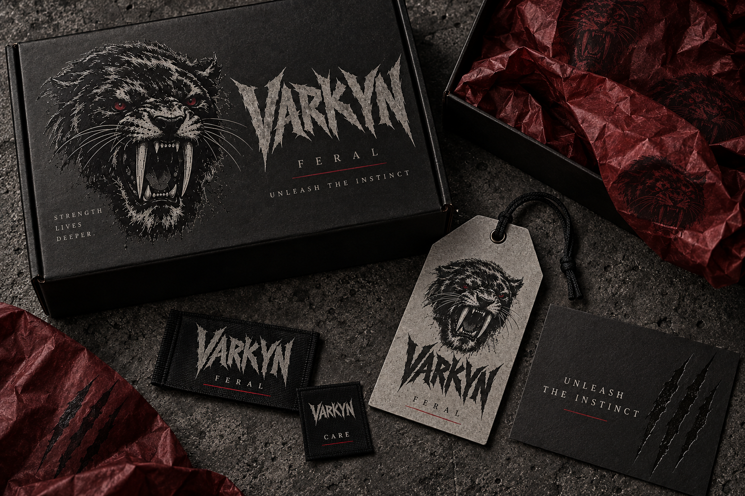 VARKYN black packaging, woven label and hang tag concept